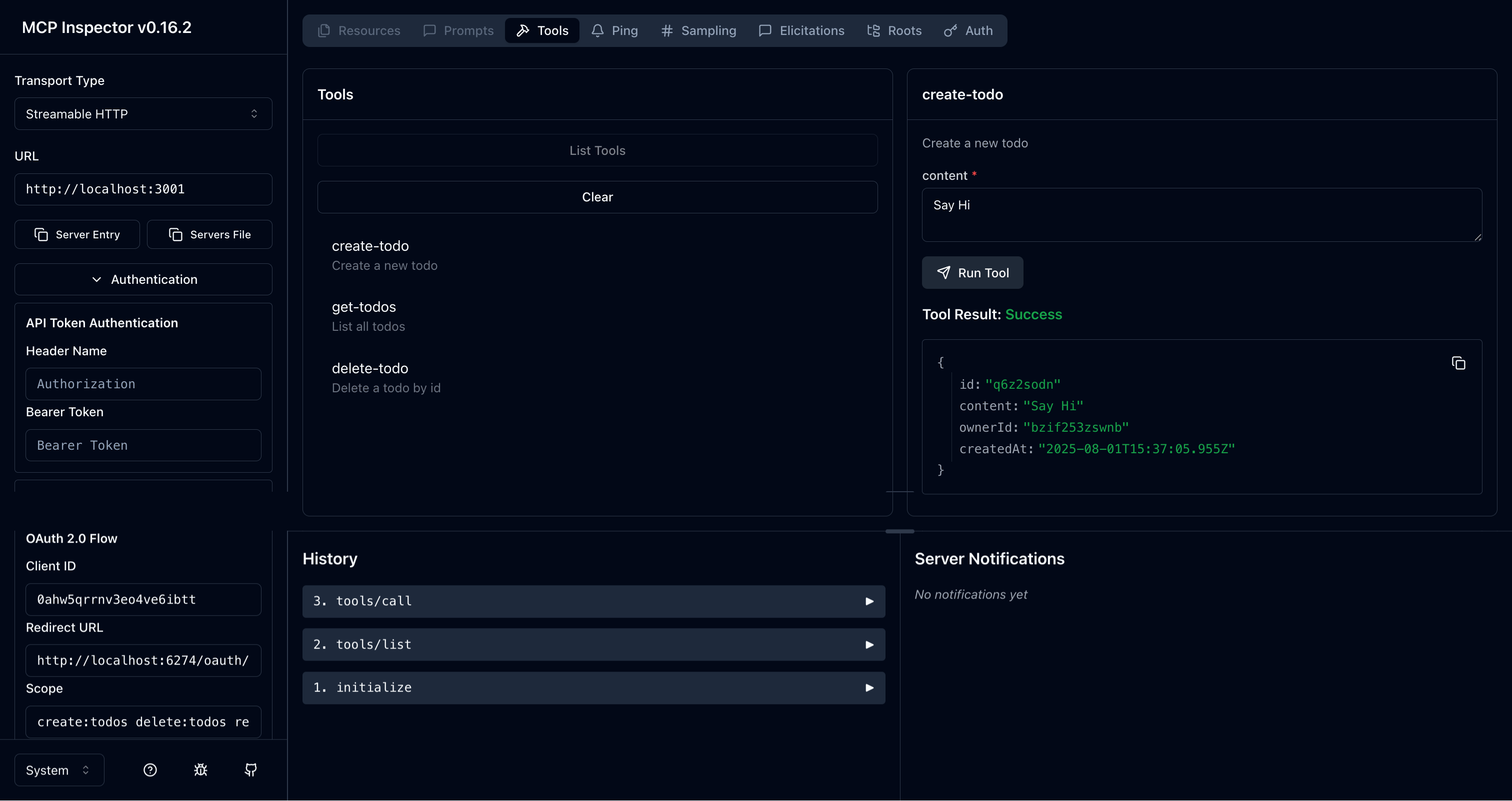 Resultado da ferramenta do gerenciador de tarefas no MCP inspector
